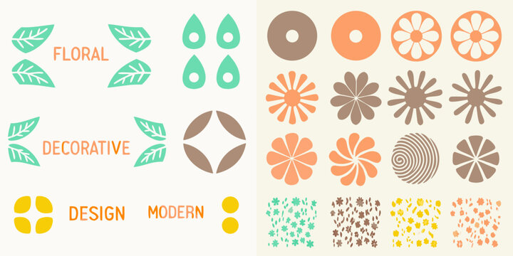 decorative floral icons and abstract shapes modern vector illustration