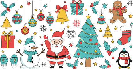 Fototapeta premium Christmas Illustration Set with Santa, Snowman, Gifts, Tree, and Holiday Decorations for Festive Designs, Greeting Cards, and Digital Media