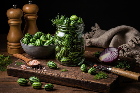 Cucamelon mouse melons in a glass jar with dill, red onion and pink salt on rustic wooden cutting board, dark background food photography
