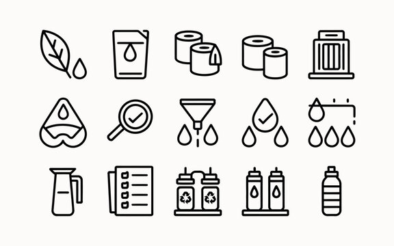 

water filtration related icon set editable stroke thin vector icons including filtration sediment removal carbon filter reverse osmosis uv treatment and clean water flow symbols isolated