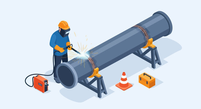 Welder working on large industrial pipe construction project.