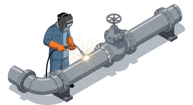 Welder working on large industrial pipeline with valve, isometric view.