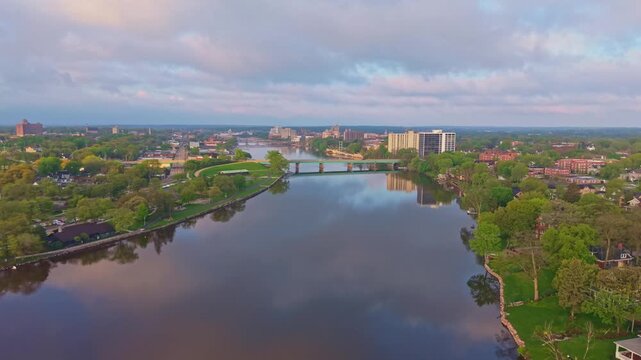 Aerial Sunrise View of Rockford Bridges Over Rock River Illinois