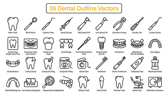 Collection of 35 dental outline vector icons representing tools and procedures for oral hygiene and care perfect for medical websites and ap