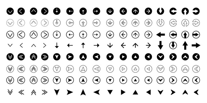 Directional icon collection with filled thin line and outline | Left direction icon set | Right direction arrow set | Up directional arrow set | Down directional arrow set