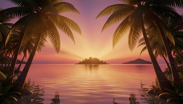 exotic island horizon dusk amber violet sky mirror water calm