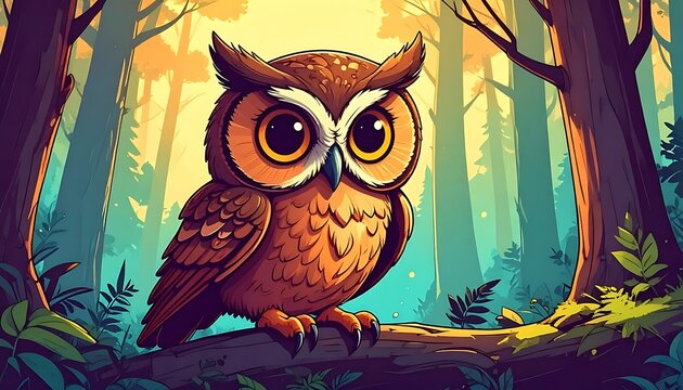A colorful cartoon owl perched on a tree branch in a forest
