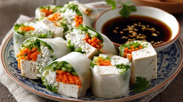 Fresh vegetable spring rolls with tofu and dipping sauce, beautifully presented on a decorative plate garnished with herbs and sesame seeds