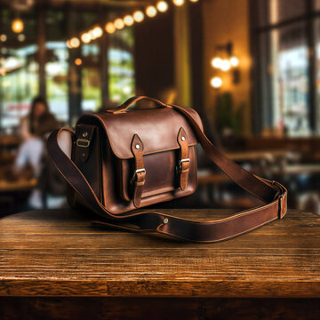 Stylish vintage brown leather satchel bag with strap on wooden table in cozy cafe setting