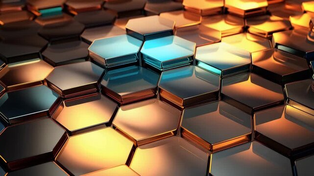 The focus is on hexagonal shapes reflecting various colors of blue and orange. The lighting shifts gradually, highlighting the unique patterns created by the shapes over time.