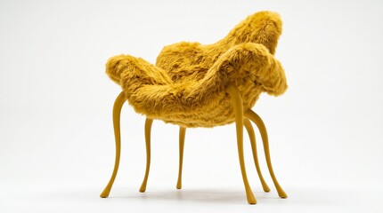 Fototapeta premium Unique fuzzy yellow armchair with curved legs a statement piece of modern furniture design for interior decoration isolated on white