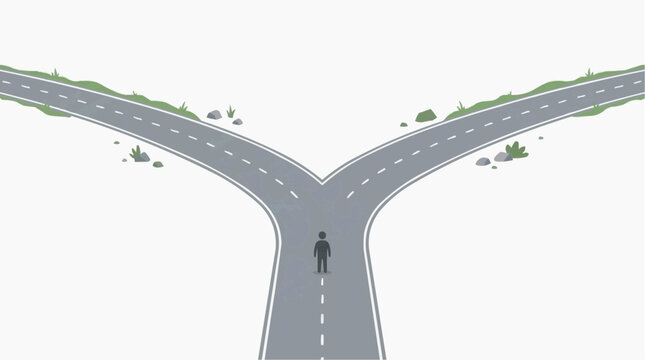 A person stands at a crossroads, where two distinct pathways diverge. This visually striking image captures the essence of decision-making, choice, and journey in an illustrated, minimalist style. 