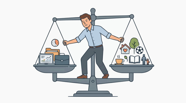 A conceptual illustration captures a man navigating the scales of work-life balance, weighing professional obligations against personal pursuits, representing the modern pursuit of harmony.