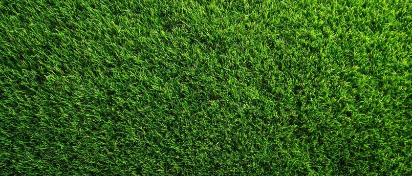 High angle close up view of lush green artificial grass surface texture suitable for backgrounds and design projects. High quality photo