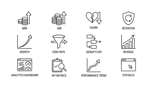 Line for business metrics and analytics, including growth, revenue, and retention symbols