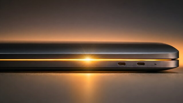 A close-up side view of a sleek electronic device with glowing orange light on metallic surface