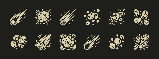Vector meteor and asteroid icon set with falling comets and shattered space rock fragments © thetwelvesense