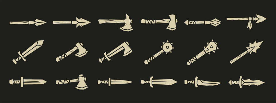 Set of ancient primitive weapon icons with swords axes maces and spears on dark background