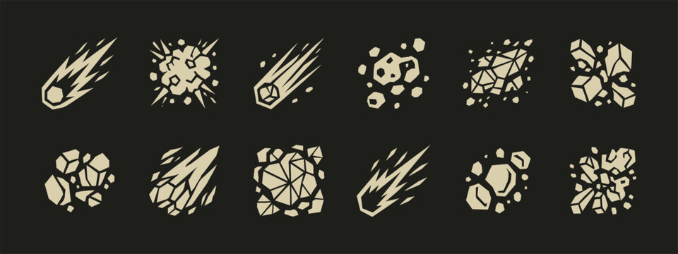Vector meteor and asteroid icon set with falling comets and shattered space rock fragments