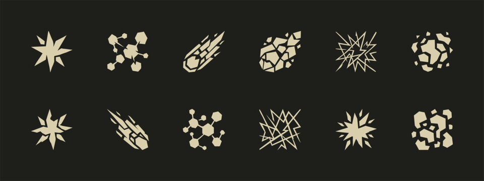 Minimalist vector icons set of explosions comets molecules and shattered glass on dark background