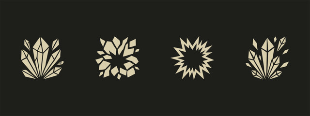 Set of gold geometric crystal icons and explosion symbols isolated on dark background © thetwelvesense