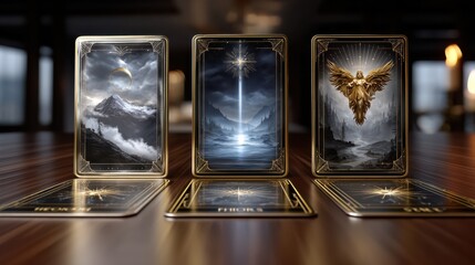 Obraz premium Three illuminated tarot cards with mystical, fantasy-themed artwork are displayed on a wooden table in a dimly lit room.