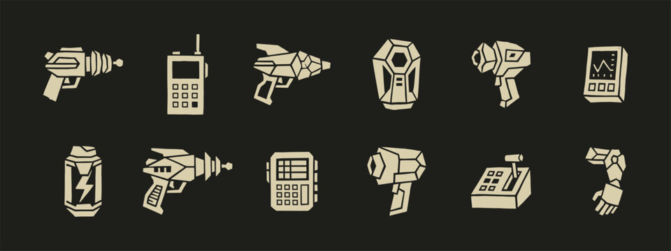 Set of Sci-Fi Weapon Icons Blasters Communicators and Futuristic Equipment Vector Assets