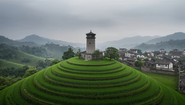 Terraced rice fields and ancient watchtower in rural landscape asia