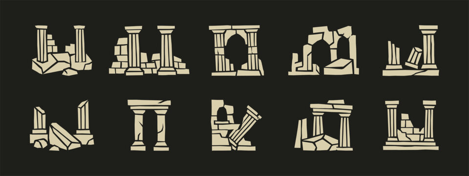 Set of stylized ancient ruin icons featuring broken columns and arches on dark background