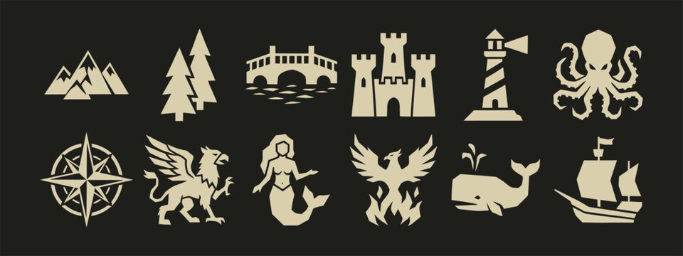 Fantasy adventure map icons set with mythical creatures castle and nautical symbols