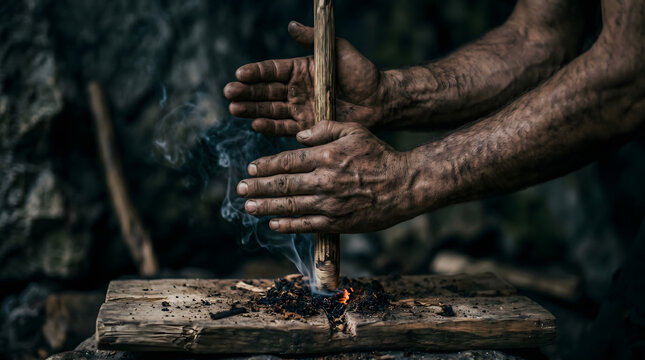 Close-up of dirty hands using a traditional hand drill friction method to start a fire with smoke and embers in a primitive survival setting