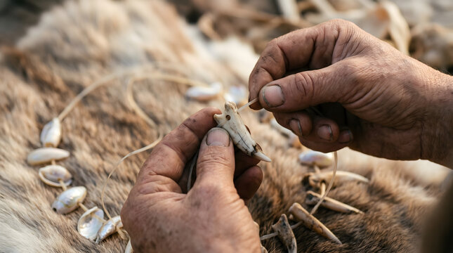 Close-up of weathered hands crafting a primitive tribal necklace with animal teeth and seashells over a textured animal fur background in a workshop.