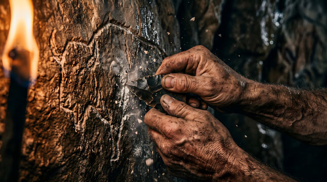 Close-up of prehistoric man's dirty hands carving a bison figure into a rocky cave wall using a sharp flint stone tool by torchlight.