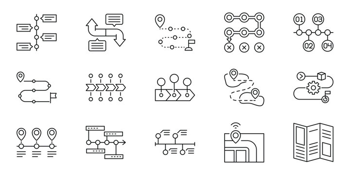 Outline vector icons illustrating project timelines, business process flows, strategic roadmaps, and data visualization for presentations