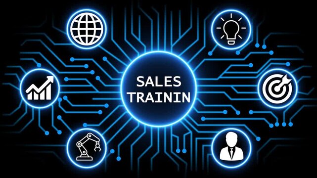 sales training concept with circuit lines and digital symbols hovering above a businessman, technology. manufacturing process management all connected in a digital circle like pattern.