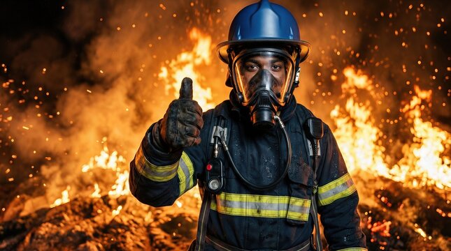 Firefighter in protective gear giving a thumbs up gesture in front of a large fire, wearing a helmet and breathing apparatus, showcasing a heroic stance in a dangerous environment