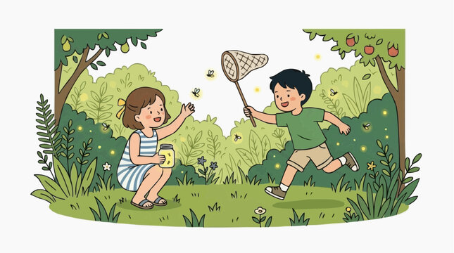 Two young children are engaged in a delightful summer adventure, joyfully chasing and collecting fireflies in a lush, green garden.