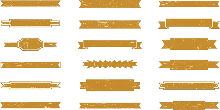 Collection of distressed golden ribbon banners and labels, vintage design elements for graphic projects