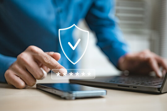 User entering password on smartphone with shield icon and secure login interface, representing OTP verification, MFA authentication, cybersecurity, identity protection, encrypted mobile access.