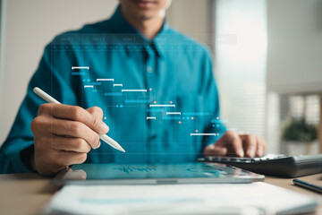 Obraz premium Professional using tablet and calculator with Gantt chart interface for project scheduling, task management and workflow planning, representing deadlines, milestones and business productivity.