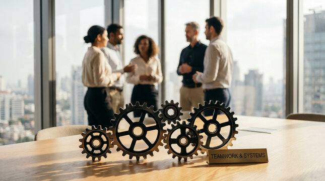 Close-up editorial photo of industrial gears on a conference table with blurred business professionals in the background, symbolizing teamwork, corporate strategy, and business collaboration in a mode
