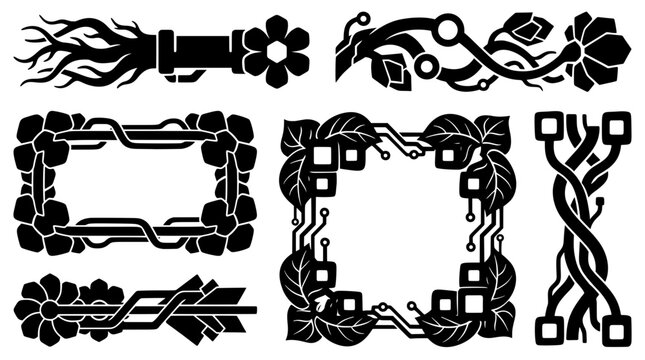 Black silhouette vector frames and dividers combining organic leaves and roots with digital circuits. Futuristic cybernetic nature elements for design
