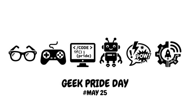 A Geek Pdynamic collection of minimalist black and white icons celebrating the innovative spirit of geek culture, technology, and digital creativity, perfect for various tech-themed designs and events