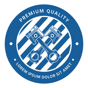 Premium quality engine piston emblem with blue stripes and white text icon
