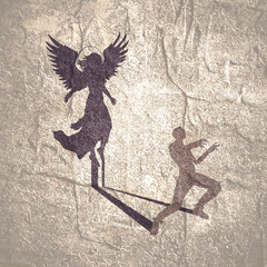 Fototapeta premium Concept of choice between good and bad. Moral dilemma, conscience, temptation, inner conflict, and ethics. Zombie casting a female angel shadow. Religion and psychology.
