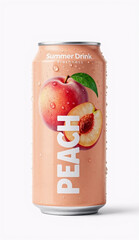 Obraz premium Fresh peach juice soda can mockup on white background
