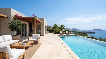 Fototapeta premium Luxury modern villa with infinity pool overlooking the sea and coastline on a sunny day, ideal for vacation and travel.