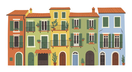 Naklejka premium Colorful European Townhouses with Shutters and Balconies.