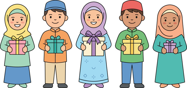 Happy diverse Muslim kids holding festive gifts for Islamic Eid celebration.