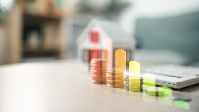 Coins, house model, calculator and rising chart represent renewable energy savings, solar ROI, cost analysis, and efficient home investment planning for sustainable financial growth.